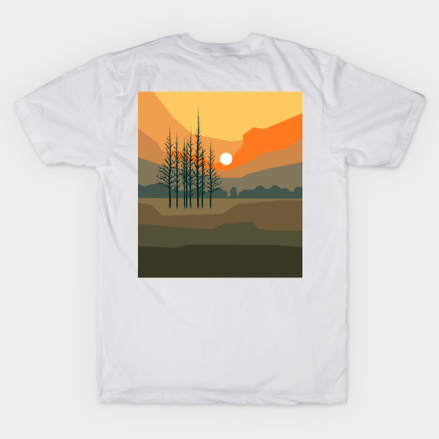 Stunning sunset behind trees in orange bright colors, minimalism style. by BumbleBambooPrints
